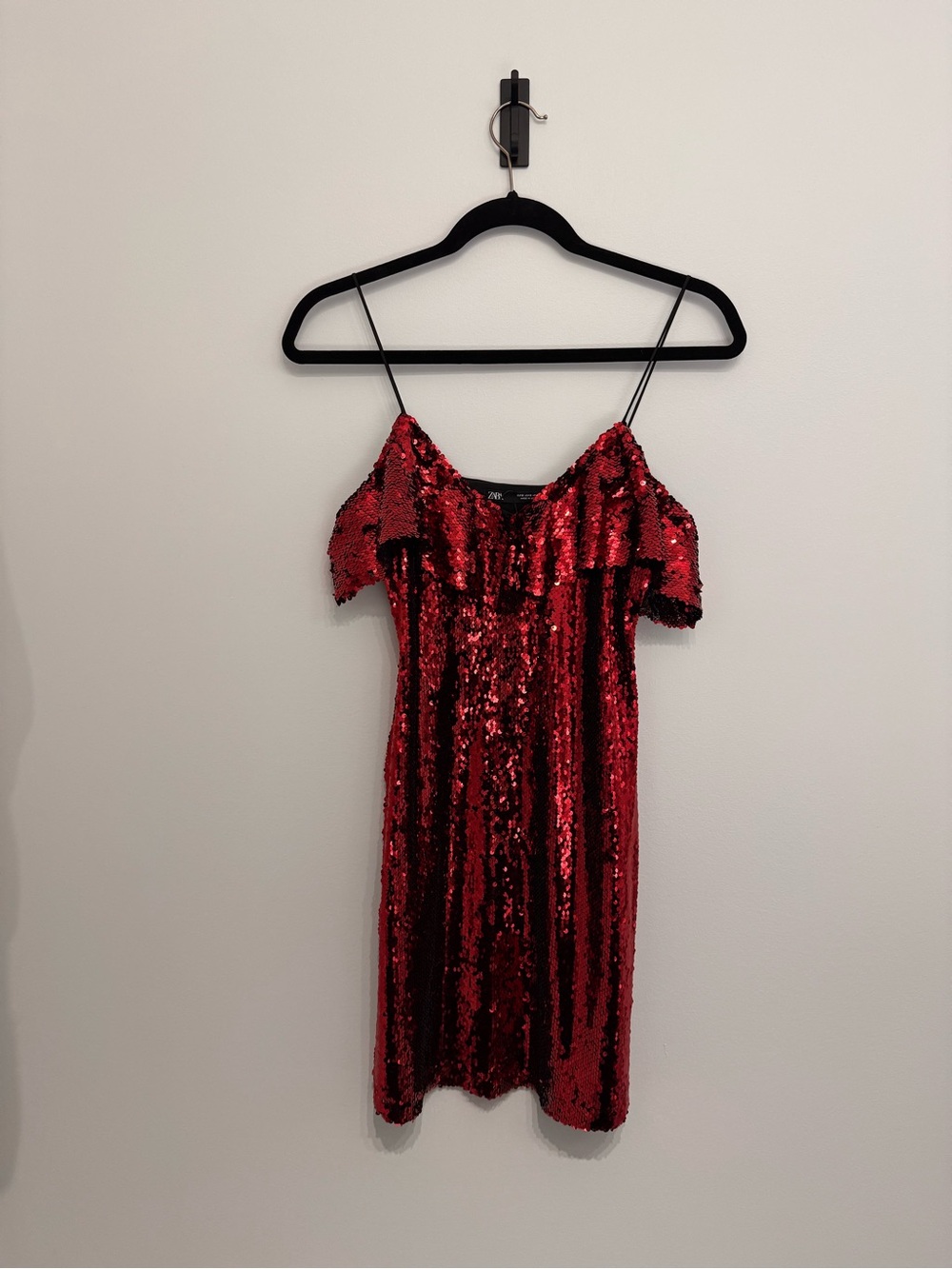 NWOT Zara Red Sequin Cold Shoulder Ruffle Mini Dress Small
